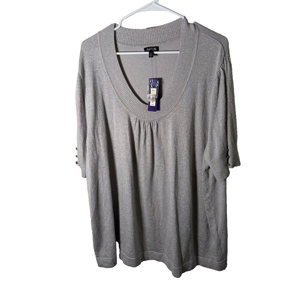 Apt 9 Sweater Women's 3X Gray Metallic Knit Scoop Neck Ribbed Short Sleeve